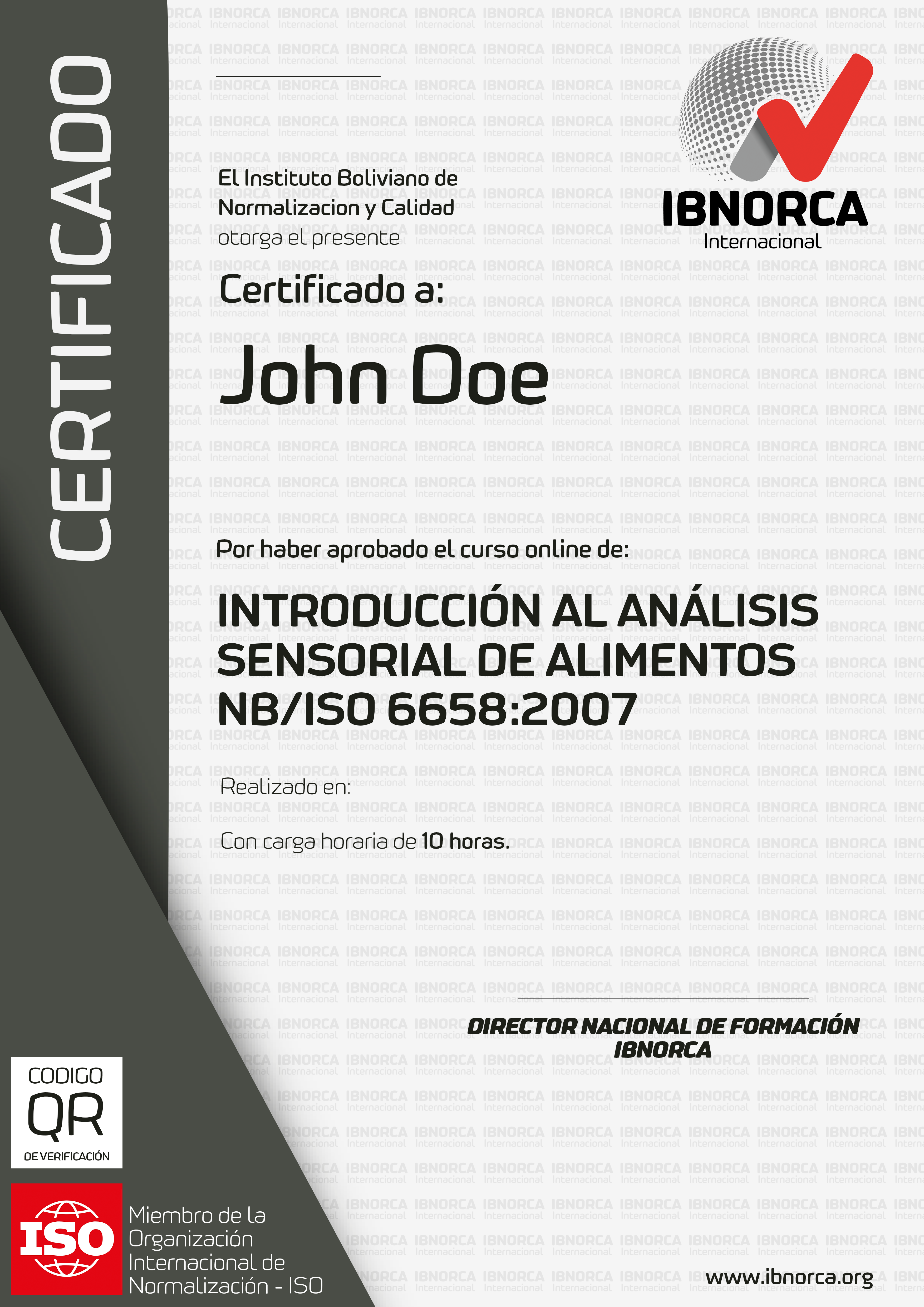 Certificado emitido por IBNORCA INTERNACIONAL al finalizar satisfactoriamente el curso.