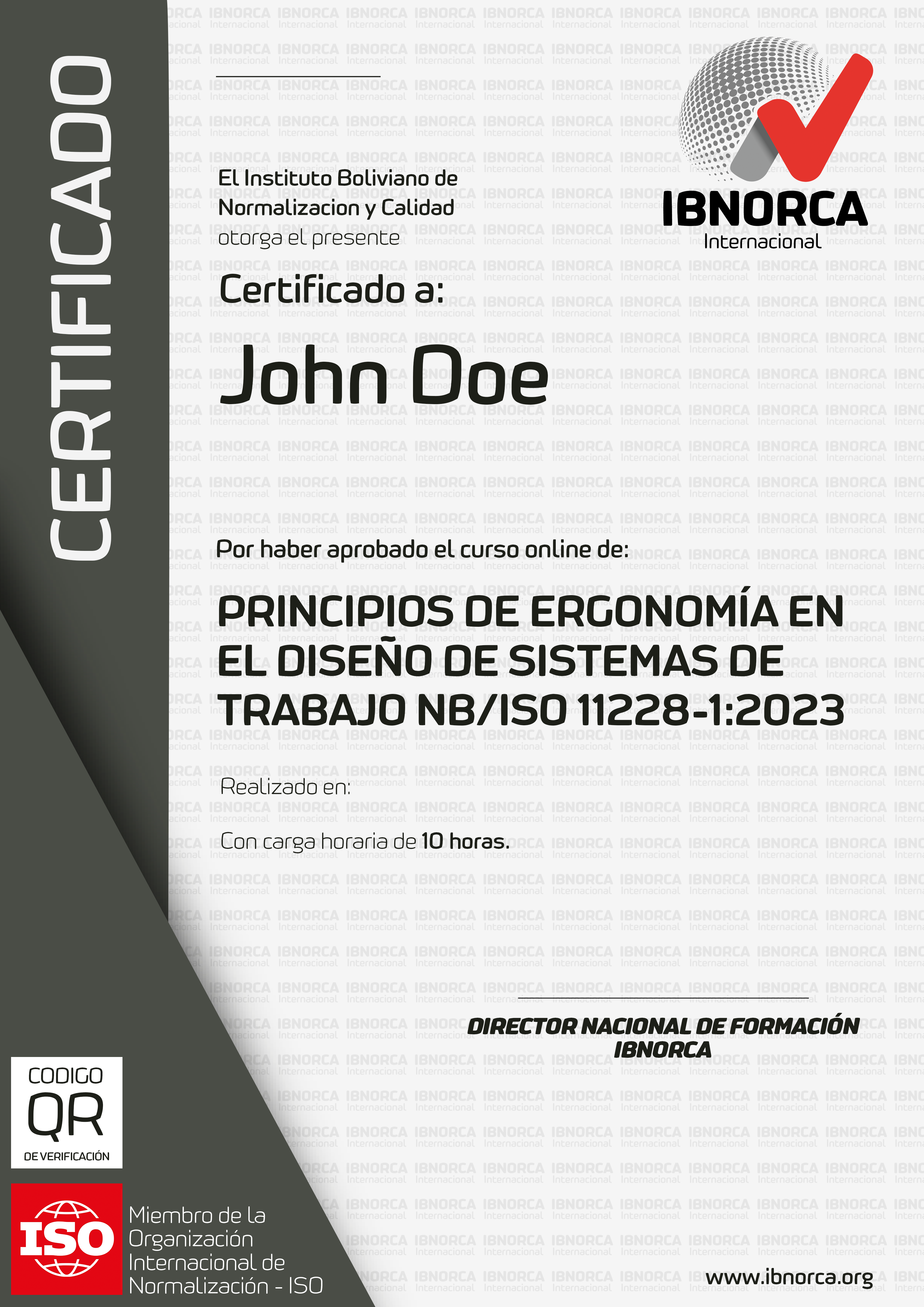 Certificado emitido por IBNORCA INTERNACIONAL al finalizar satisfactoriamente el curso.