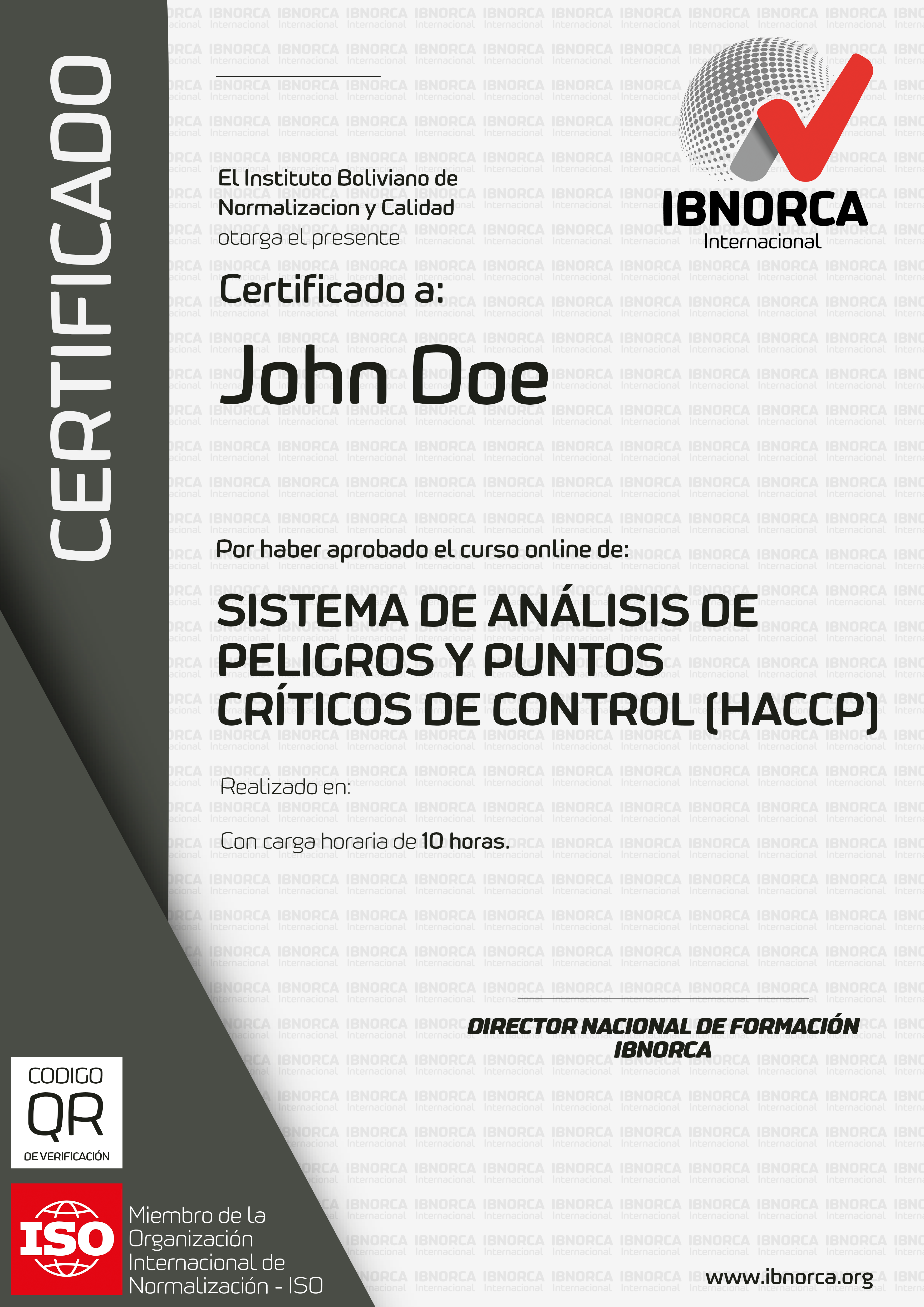 Certificado emitido por IBNORCA INTERNACIONAL al finalizar satisfactoriamente el curso.